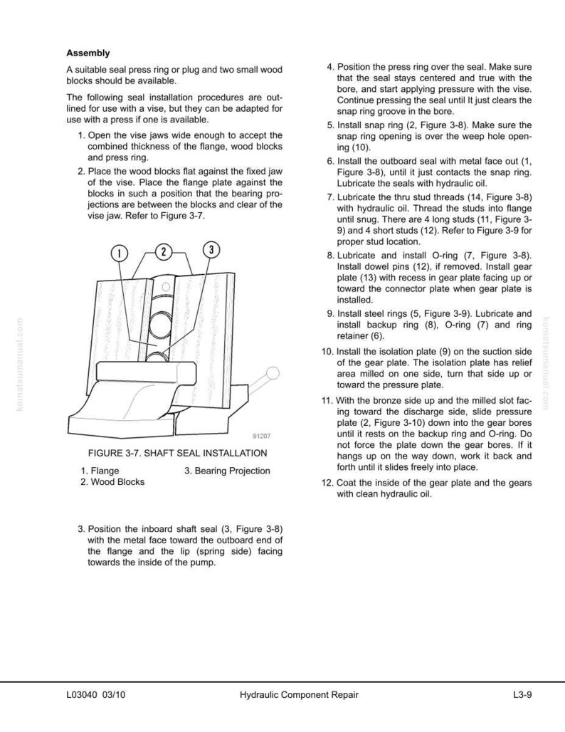 Op de afbeelding: Technisch diagram van de installatie van een asafdichting, met gelabelde componenten zoals een flens, houten blokken en een lageruitsteeksel. Instructies beschrijven de montagestappen, met verwijzingen naar figuren. Gedetailleerde illustratie voor hydraulische componentreparatie.