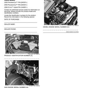 May include: Product identification page with images of engine components and text. Includes sections for record identification numbers, diesel and gas engine serial numbers, and product identification number.