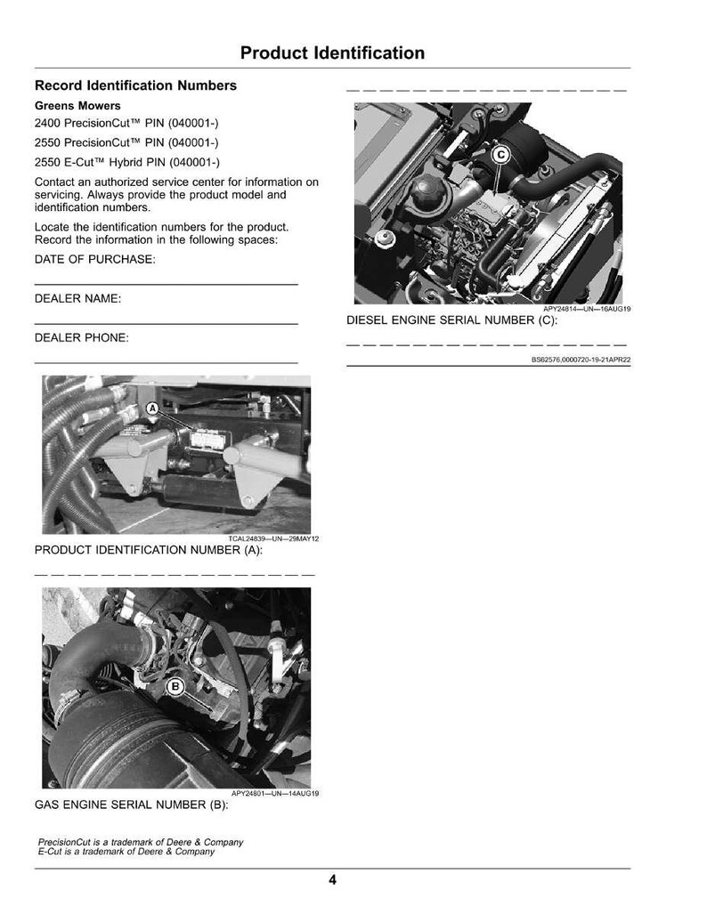 May include: Product identification page with images of engine components and text. Includes sections for record identification numbers, diesel and gas engine serial numbers, and product identification number.