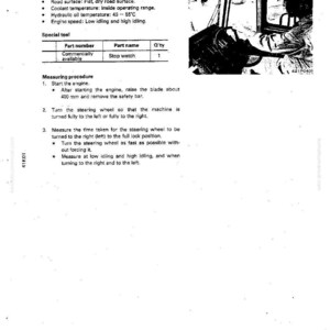 May include: A technical diagram titled "MEASURING OPERATING TIME OF STEERING WHEEL" with instructions and a table. The image includes a stopwatch and a diagram of a person operating a steering wheel. The text details measurement conditions and procedures.