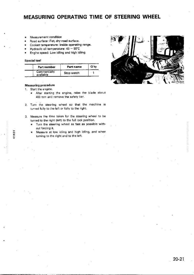 May include: A technical diagram titled "MEASURING OPERATING TIME OF STEERING WHEEL" with instructions and a table. The image includes a stopwatch and a diagram of a person operating a steering wheel. The text details measurement conditions and procedures.