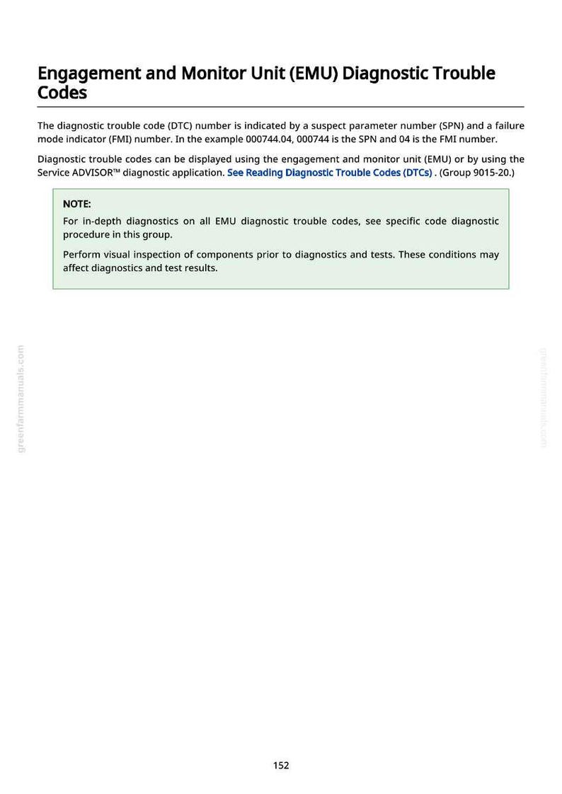 May include: A page from a manual titled "Engagement and Monitor Unit (EMU) Diagnostic Trouble Codes." The text explains diagnostic trouble codes, including SPN and FMI numbers. A note provides instructions for diagnostics and visual inspection.