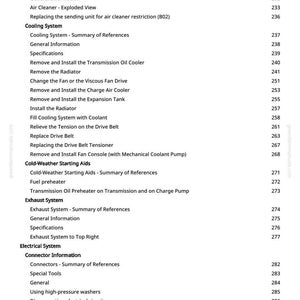 Może przedstawiać: Strona z instrukcji greenfarmmanuals.com, zawierająca procedury naprawy samochod&oacute;w. Sekcje obejmują układ dolotowy, chłodzenie, wydech i układy elektryczne, z numerami stron.