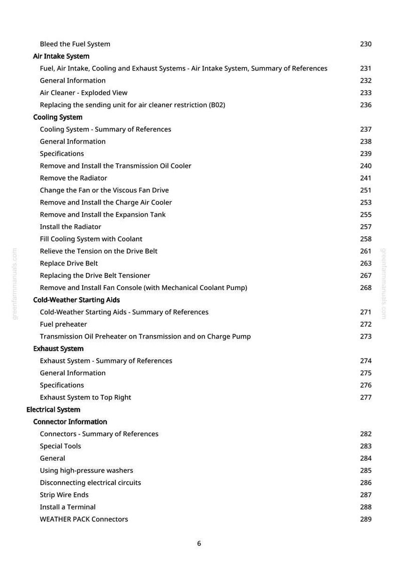 Może przedstawiać: Strona z instrukcji greenfarmmanuals.com, zawierająca procedury naprawy samochod&oacute;w. Sekcje obejmują układ dolotowy, chłodzenie, wydech i układy elektryczne, z numerami stron.