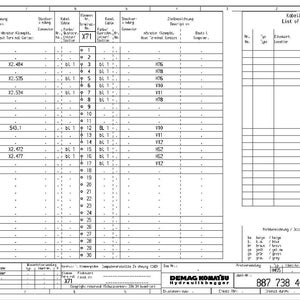 May include: A detailed technical diagram, likely for machinery or electrical systems, featuring a table labeled "List of Cables." The document includes rows and columns with text, numbers, and symbols, with a color key at the bottom.