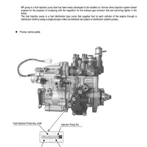 May include: Detailed diagram of an MP fuel injection pump, a fuel distribution type pump for diesel engines. The image includes labels for the pump name plate, fuel injection pump code, injection pump number, ID code, and serial numbers. The Yanmar logo is visible.