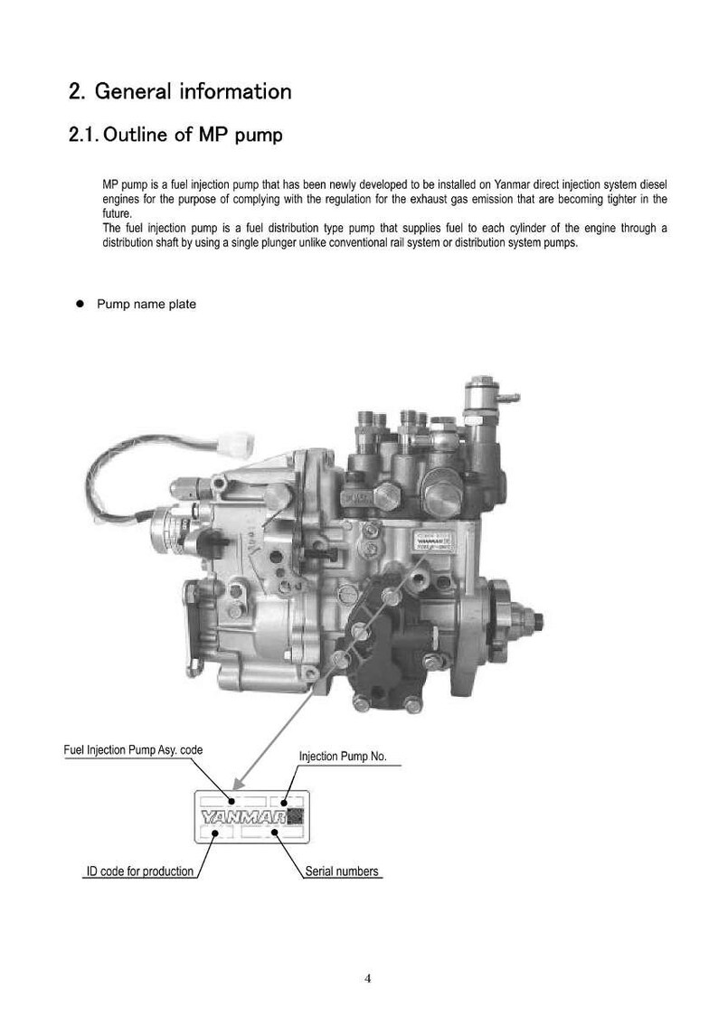 May include: Detailed diagram of an MP fuel injection pump, a fuel distribution type pump for diesel engines. The image includes labels for the pump name plate, fuel injection pump code, injection pump number, ID code, and serial numbers. The Yanmar logo is visible.
