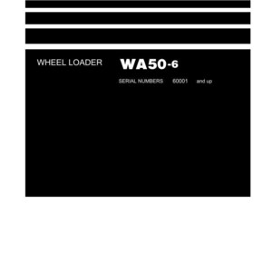 May include: Shop Manual for a Wheel Loader WA50-6. The cover is white with black text and horizontal black bars. The Komatsu logo is at the bottom.