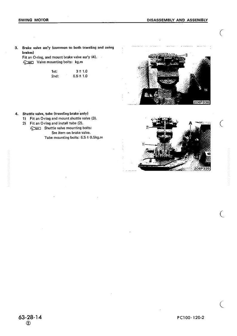May include: Technical diagram with text detailing brake valve and shuttle valve assembly for a swing motor. Includes diagrams and specifications for bolts in kg.m. The document is labeled "Disassembly and Assembly".