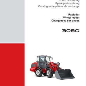 May include: A red and gray Weidemann 3080 wheel loader, with a large bucket, is featured on a white background. The image is from a spare parts catalog, with text in English, German, and French.