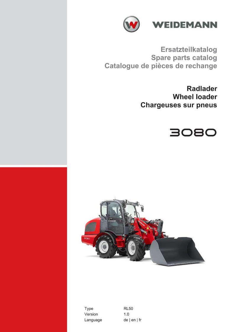 May include: A red and gray Weidemann 3080 wheel loader, with a large bucket, is featured on a white background. The image is from a spare parts catalog, with text in English, German, and French.
