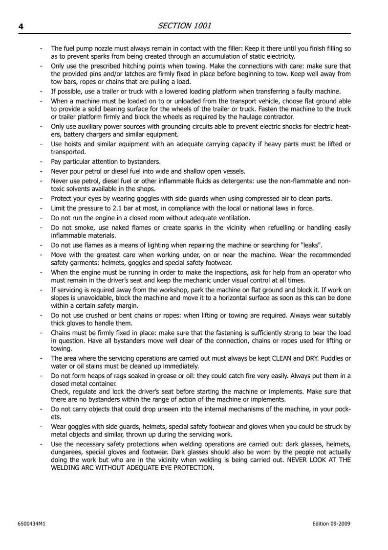 May include: A page from a manual, "SECTION 1001", detailing safety instructions. The text covers fuel handling, eye protection, and general safety measures for machinery maintenance and operation.