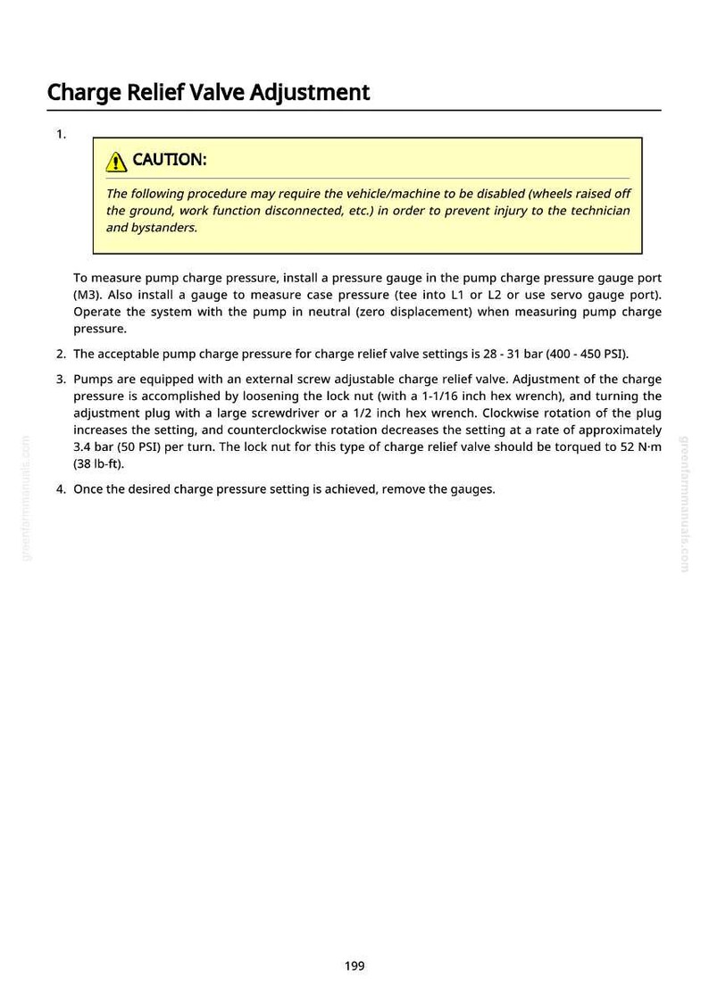 May include: A white page with the title "Charge Relief Valve Adjustment" and numbered instructions. The text includes safety warnings, gauge installation, pressure settings (28-31 bar, 400-450 PSI), and adjustment procedures using a hex wrench and screwdriver.