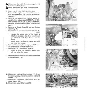 May include: Diagram of engine disassembly and assembly instructions. The text includes steps for removing the engine hood assembly, radiator, and air conditioner hoses. Numbered diagrams illustrate the process, with labels and arrows pointing to specific components.