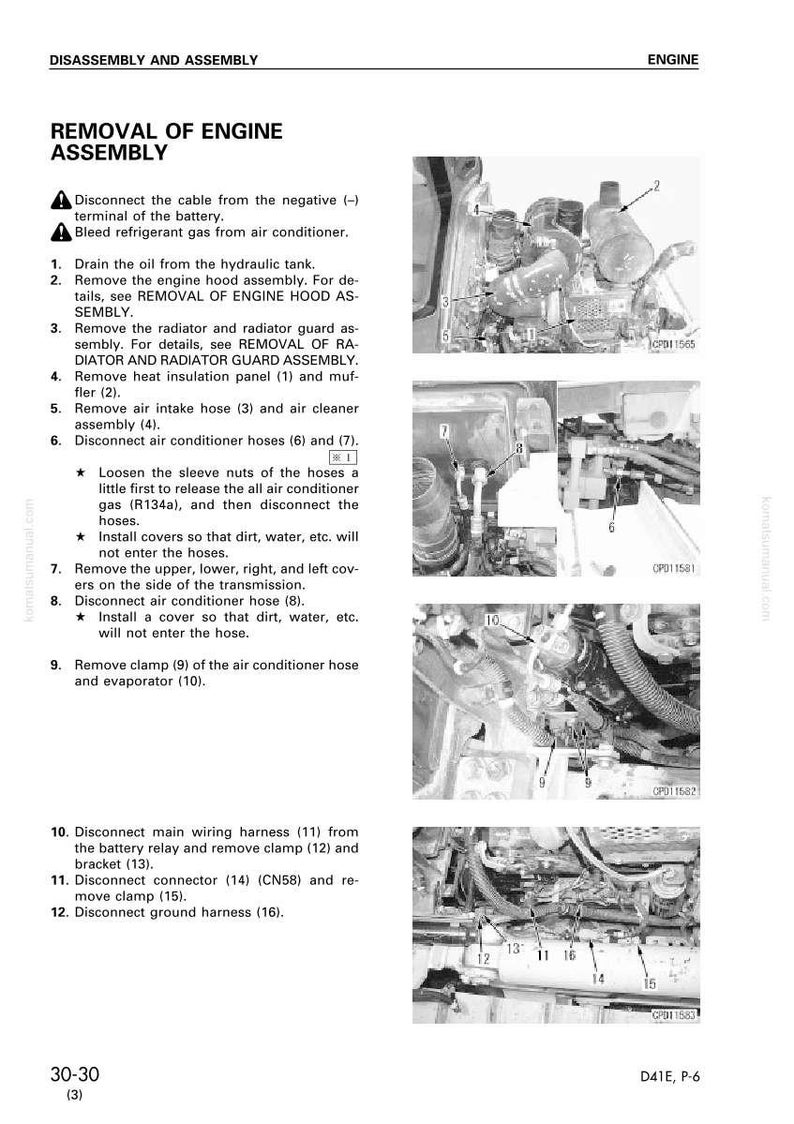 May include: Diagram of engine disassembly and assembly instructions. The text includes steps for removing the engine hood assembly, radiator, and air conditioner hoses. Numbered diagrams illustrate the process, with labels and arrows pointing to specific components.