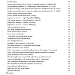 May include: A page from a manual with a list of serial numbers and torque values for agricultural machinery. The text includes terms like "Forage Harvester Type Plate," "Engine Serial Number," and "Transmission." The page is white with black text.