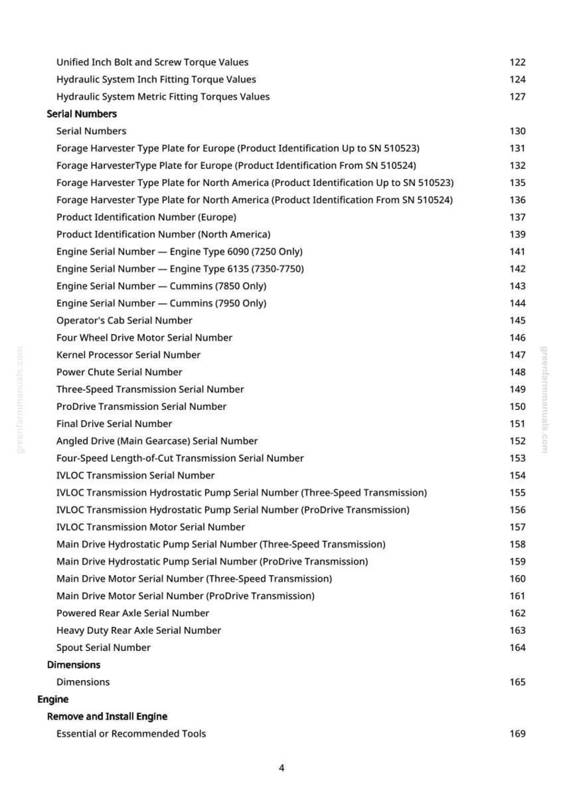 May include: A page from a manual with a list of serial numbers and torque values for agricultural machinery. The text includes terms like "Forage Harvester Type Plate," "Engine Serial Number," and "Transmission." The page is white with black text.