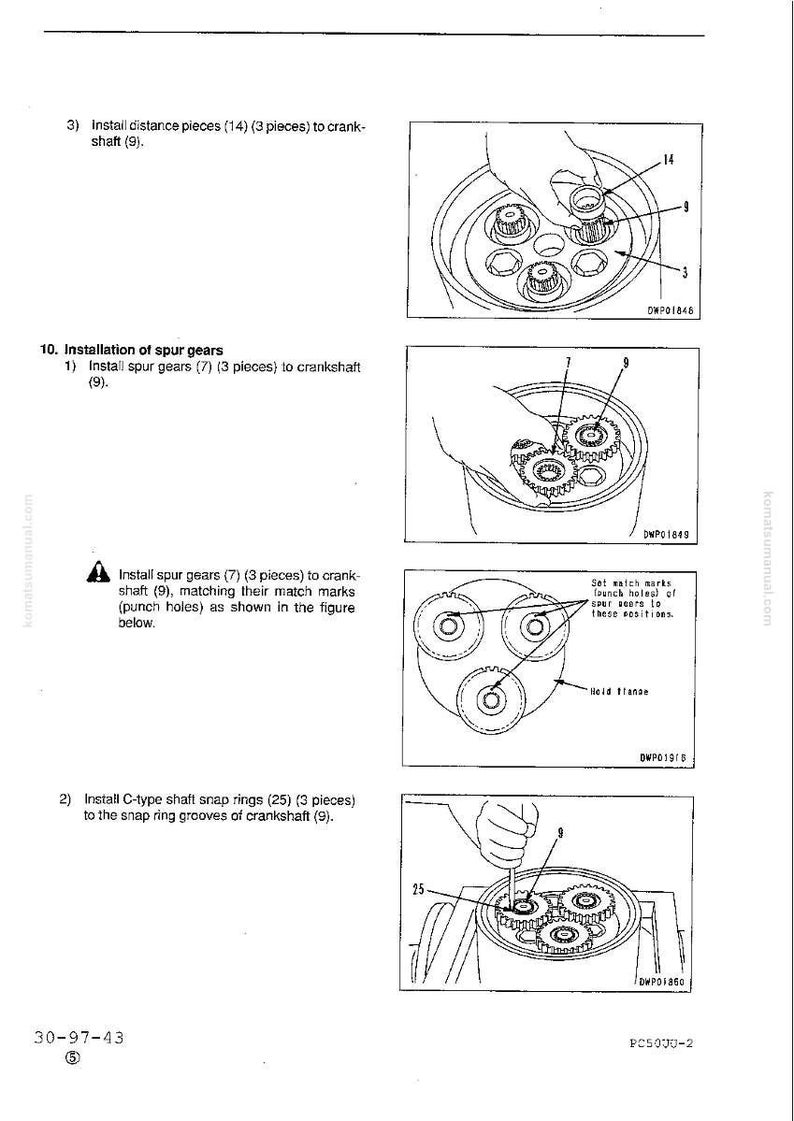 Puede incluir: Diagrama t&eacute;cnico que ilustra la instalaci&oacute;n de componentes mec&aacute;nicos. La imagen muestra los pasos detallados para instalar piezas distanciadoras, engranajes rectos y anillos de retenci&oacute;n en un cig&uuml;e&ntilde;al. Incluye etiquetas y diagramas para mayor claridad.