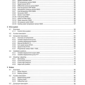 May include: A detailed table of contents from a Weidemann manual, listing various components and systems. The document includes sections on drive systems, brakes, and installation positions, with page numbers for easy reference.