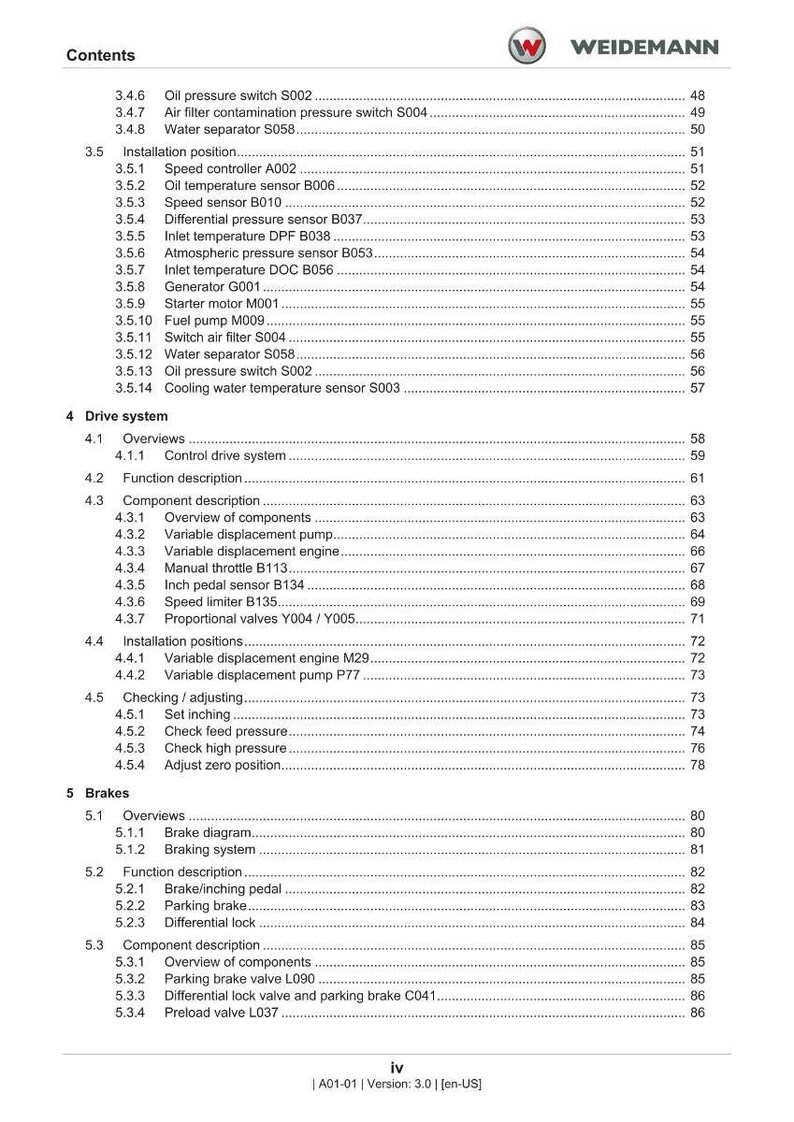 May include: A detailed table of contents from a Weidemann manual, listing various components and systems. The document includes sections on drive systems, brakes, and installation positions, with page numbers for easy reference.