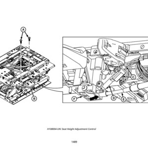K&ouml;nnte beinhalten: Schwarz-Wei&szlig;-Diagramm eines Sitzh&ouml;henverstellmechanismus. Das Diagramm enth&auml;lt detaillierte Ansichten der Komponenten, die mit Buchstaben gekennzeichnet sind, und eine Nahaufnahme eines Abschnitts des Mechanismus.