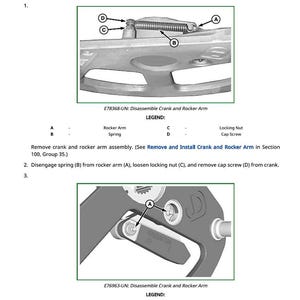 May include: Diagram showing the disassembly and assembly of a crank and rocker arm. The image includes close-ups of components like the rocker arm, spring, locking nut, and cap screw, with labels for each part. Text provides step-by-step instructions.
