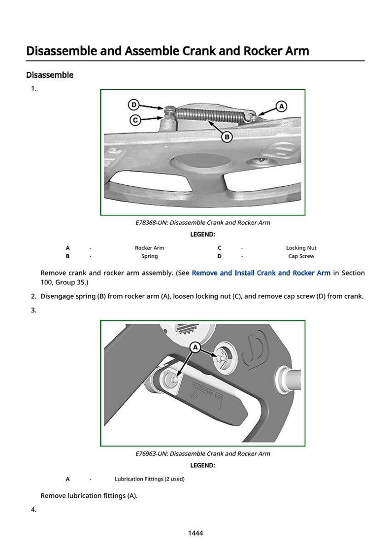 May include: Diagram showing the disassembly and assembly of a crank and rocker arm. The image includes close-ups of components like the rocker arm, spring, locking nut, and cap screw, with labels for each part. Text provides step-by-step instructions.