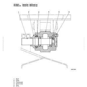 May include: Diagram of a carrier roller assembly, labeled with numbers and names for each component. The diagram includes a shaft, coller, floating seal, carrier roller, ring, and cover. Text at the top reads "STRUCTURE AND FUNCTION" and "CARRIER ROLLER".