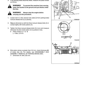 May include: Diagram from a manual detailing the testing wear of a parking brake disc. The text includes warnings, instructions, and measurements in millimeters. Illustrations show components labeled with numbers for reference.