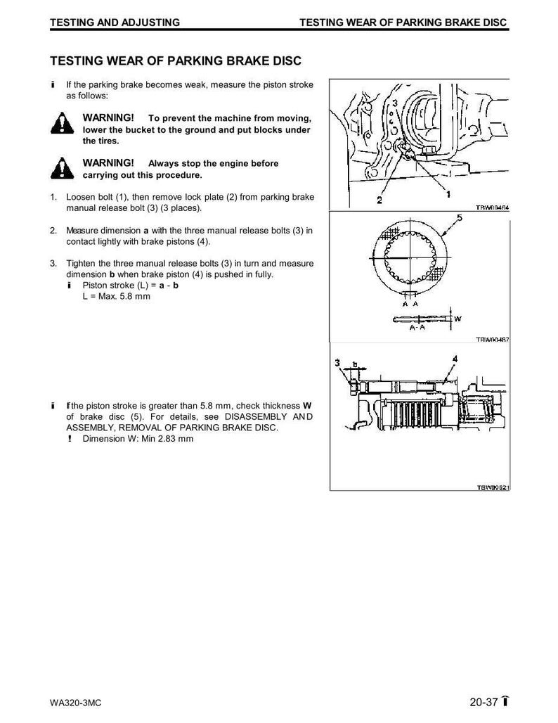 May include: Diagram from a manual detailing the testing wear of a parking brake disc. The text includes warnings, instructions, and measurements in millimeters. Illustrations show components labeled with numbers for reference.