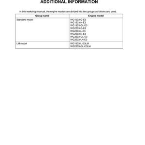 May include: A white page from a workshop manual with the title "ADDITIONAL INFORMATION". The text lists engine models, divided into "Standard model" and "LM model" groups, with corresponding engine model numbers. The document is dated 2019.