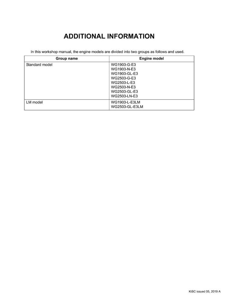 May include: A white page from a workshop manual with the title "ADDITIONAL INFORMATION". The text lists engine models, divided into "Standard model" and "LM model" groups, with corresponding engine model numbers. The document is dated 2019.