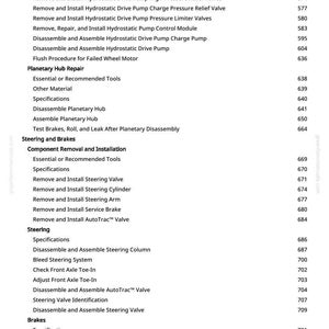 May include: A white page with a list of automotive repair procedures, including "Replace Hydrostatic Drive Pump Shaft Seal" and "Disassemble and Assemble Steering Column." Page numbers are on the right.