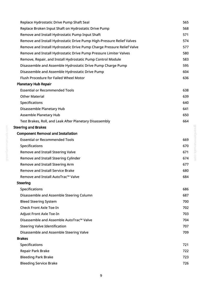 May include: A white page with a list of automotive repair procedures, including "Replace Hydrostatic Drive Pump Shaft Seal" and "Disassemble and Assemble Steering Column." Page numbers are on the right.