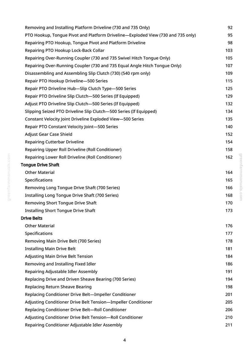 May include: A detailed table of contents from a manual, featuring a list of repair and maintenance procedures for agricultural machinery. The text is organized with titles and page numbers, covering topics like drivelines, couplers, and belts.