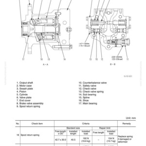 May include: Technical diagram of an HSS motor, detailing internal components such as the output shaft, motor case, and various valves. Measurements are shown in Nm and mm. A table provides criteria for spring components.