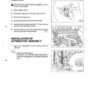 Pode incluir: Diagrama das etapas de remo&ccedil;&atilde;o e instala&ccedil;&atilde;o do alternador. Inclui instru&ccedil;&otilde;es numeradas e ilustra&ccedil;&otilde;es de componentes do motor, com etiquetas para parafusos, fia&ccedil;&atilde;o e a polia do alternador. O texto inclui "Remo&ccedil;&atilde;o do conjunto do alternador" e "Instala&ccedil;&atilde;o do conjunto do alternador."