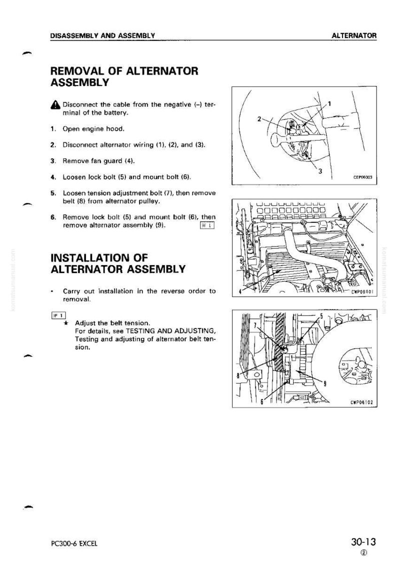Pode incluir: Diagrama das etapas de remo&ccedil;&atilde;o e instala&ccedil;&atilde;o do alternador. Inclui instru&ccedil;&otilde;es numeradas e ilustra&ccedil;&otilde;es de componentes do motor, com etiquetas para parafusos, fia&ccedil;&atilde;o e a polia do alternador. O texto inclui "Remo&ccedil;&atilde;o do conjunto do alternador" e "Instala&ccedil;&atilde;o do conjunto do alternador."