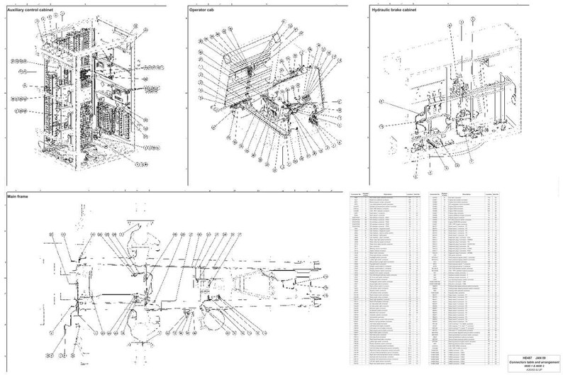 May include: Detailed technical diagrams of machinery components, including auxiliary control cabinet, operator cab, hydraulic brake cabinet, and main frame. Each diagram is labelled with part numbers and assembly instructions, in black and white.