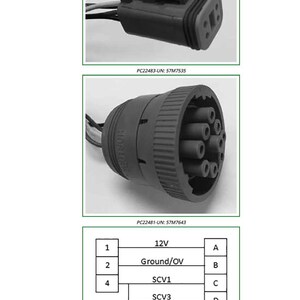 May include: Image of electrical connectors and a wiring diagram. The top connector is black with a rectangular shape. The bottom connector is cylindrical with multiple pin receptacles. The diagram shows wiring configurations.