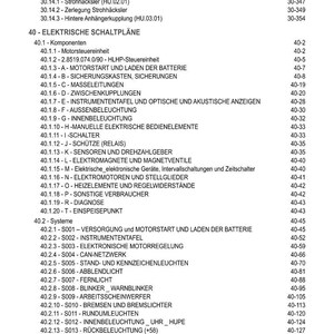 May include: A detailed table of contents in German, listing various electrical schematics and related components. The document includes sections on components, systems, and specific electrical elements, with corresponding page numbers for easy reference.