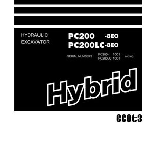 Op de afbeelding: Een werkplaatshandboek in zwart en wit. De titel "Shop Manual" staat bovenaan, met "Hydraulic Excavator" eronder. De handleiding bevat details voor de modellen PC200 en PC200LC, met "Hybrid" in grote witte letters. Het Komatsu-logo staat onderaan.