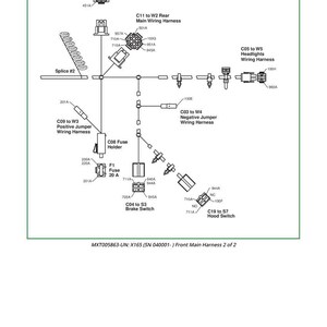Pu&ograve; includere: Schema dettagliato del cablaggio principale anteriore, con etichette per motore, fari e cablaggio posteriore. Include numeri di parte e nomi dei componenti. Testo in basso: MXT005863-UN: X165 (SN 040001-) Cablaggio principale anteriore 2 di 2.
