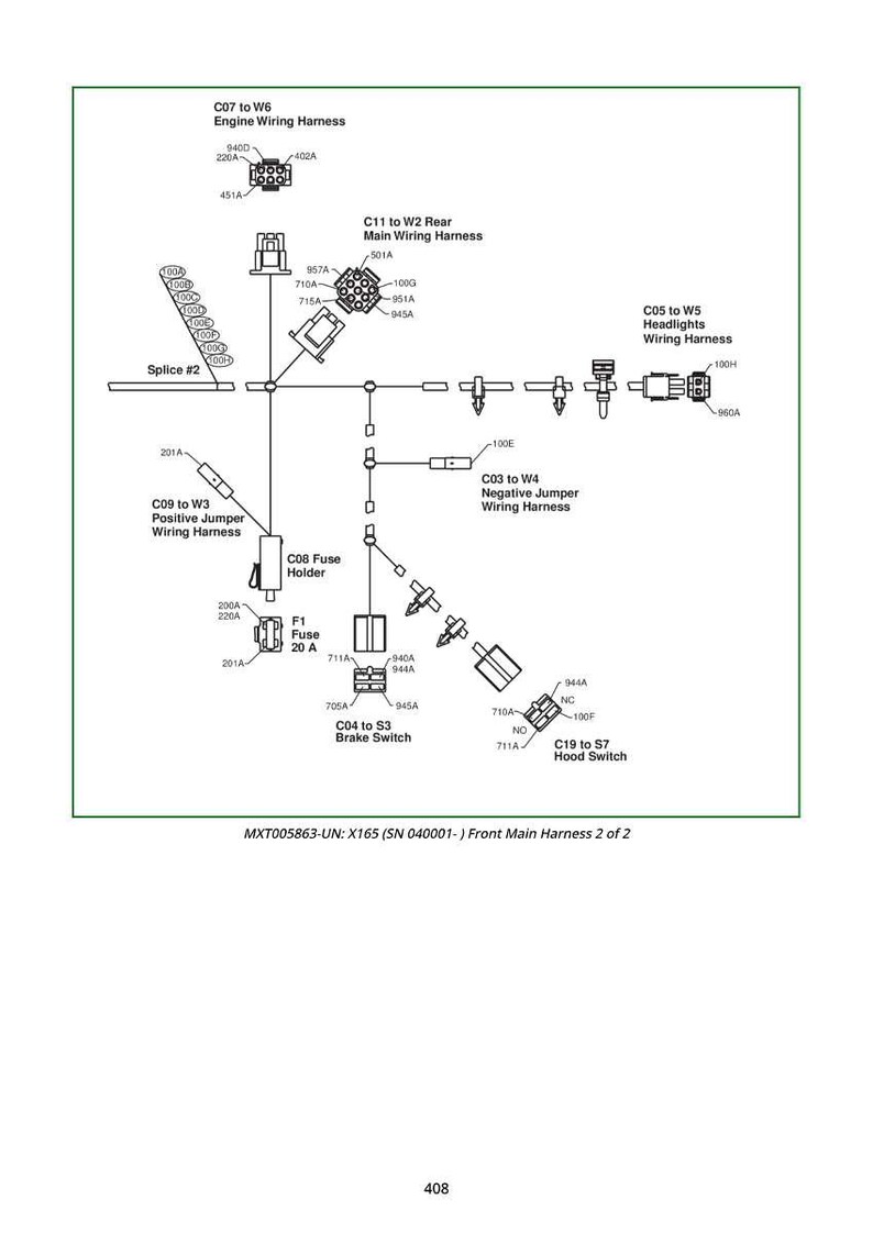 Pu&ograve; includere: Schema dettagliato del cablaggio principale anteriore, con etichette per motore, fari e cablaggio posteriore. Include numeri di parte e nomi dei componenti. Testo in basso: MXT005863-UN: X165 (SN 040001-) Cablaggio principale anteriore 2 di 2.