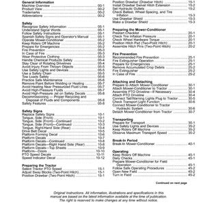 May include: A detailed table of contents from a manual, listing various sections such as safety, fire prevention, and operating procedures. The document includes page numbers for easy navigation and is designed for agricultural equipment.