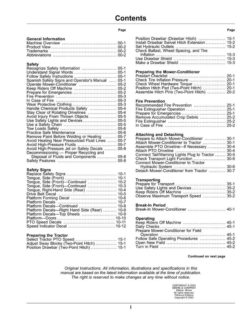May include: A detailed table of contents from a manual, listing various sections such as safety, fire prevention, and operating procedures. The document includes page numbers for easy navigation and is designed for agricultural equipment.
