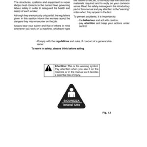 May include: A page from a manual with the title "Essential rules for accident prevention." The text includes safety guidelines and a warning symbol. A black and white triangular sign with the text "SICUREZZA innanzi tutto" is also visible.