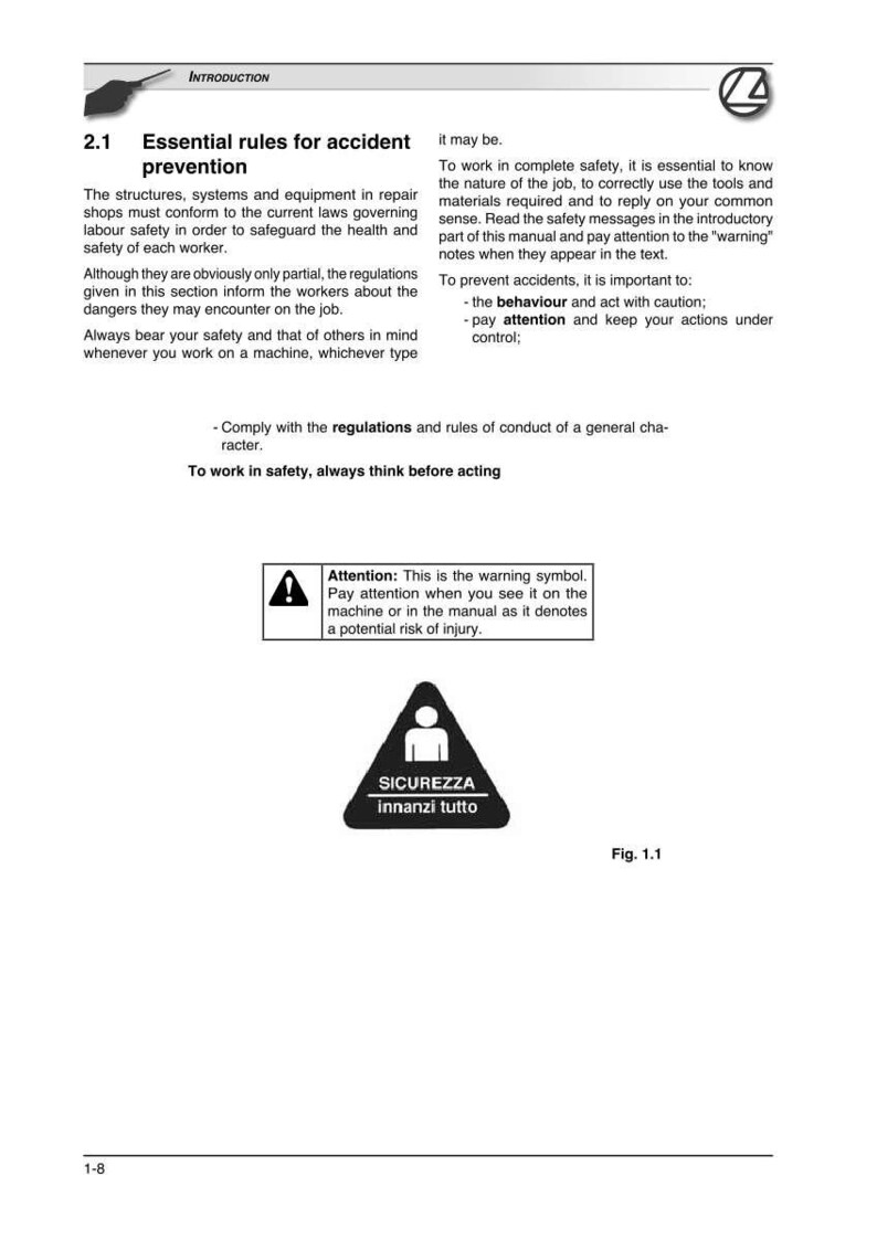 May include: A page from a manual with the title "Essential rules for accident prevention." The text includes safety guidelines and a warning symbol. A black and white triangular sign with the text "SICUREZZA innanzi tutto" is also visible.