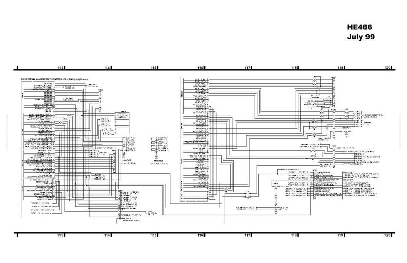 Puede incluir: Un diagrama esquem&aacute;tico detallado en blanco y negro con numerosas l&iacute;neas, cuadros y etiquetas de texto. El diagrama est&aacute; etiquetado como "HE466 July 99". El diagrama parece ser un dise&ntilde;o de cableado o circuito.