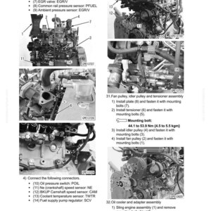 May include: Diagram of an engine disassembly and assembly process, with multiple detailed views of engine components. Includes labels for sensors, valves, and pulleys, along with torque specifications in Newton meters and kilogram-meters.